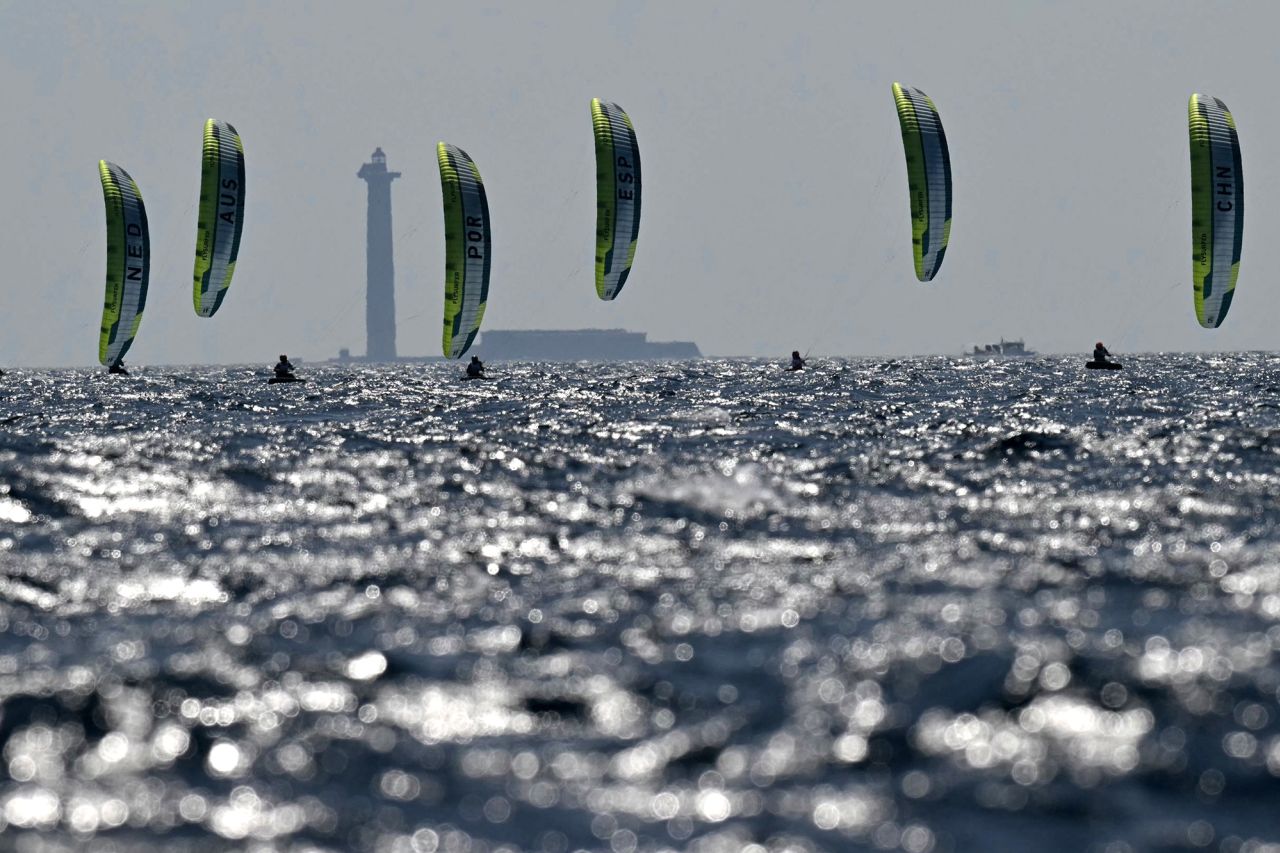 Athletes train ahead of the kiteboarding events in Marseille, France, on July 30. 