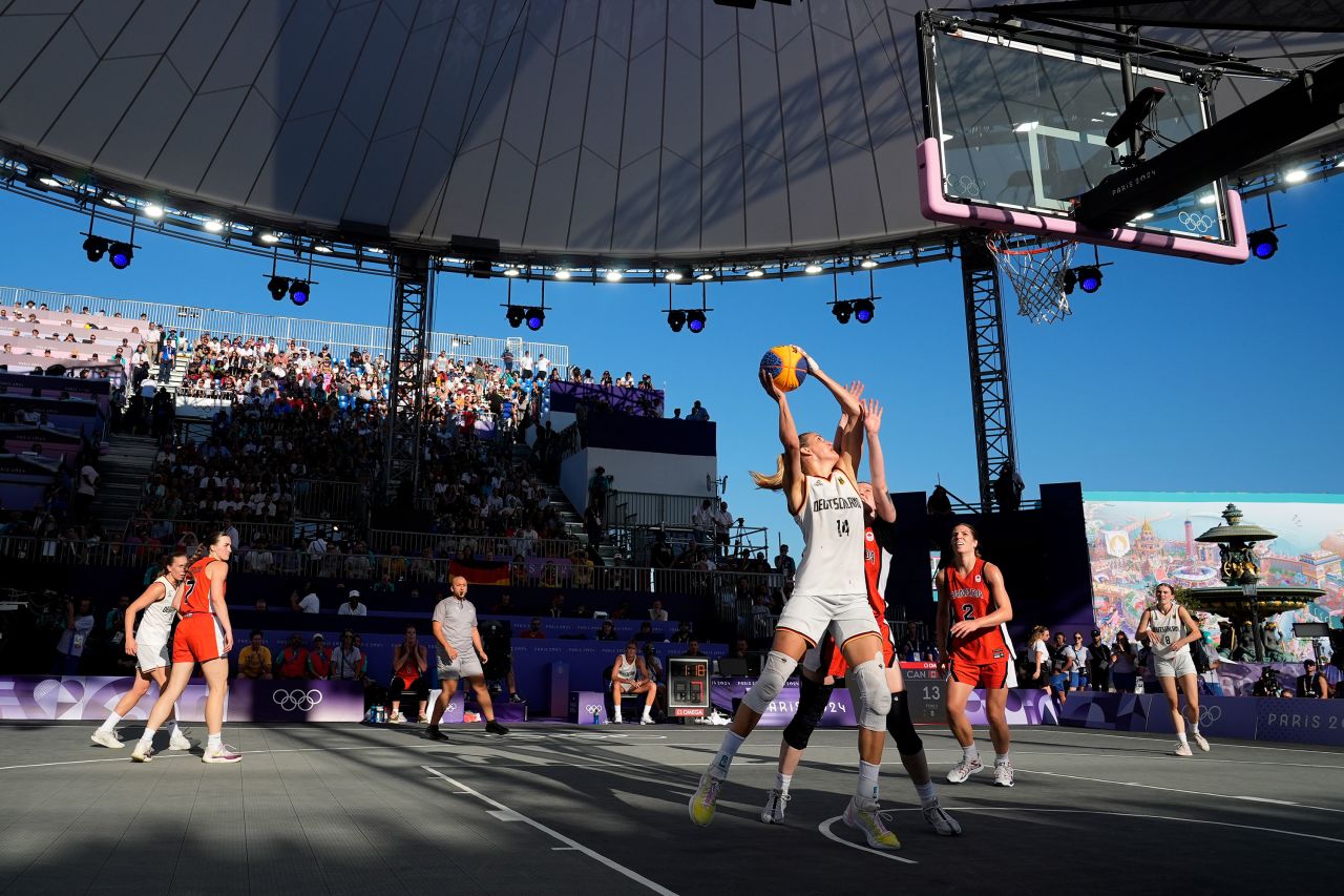 Germany's Sonja Greinacher shoots against Canada during the women's 3x3 basketball semifinal on Monday.