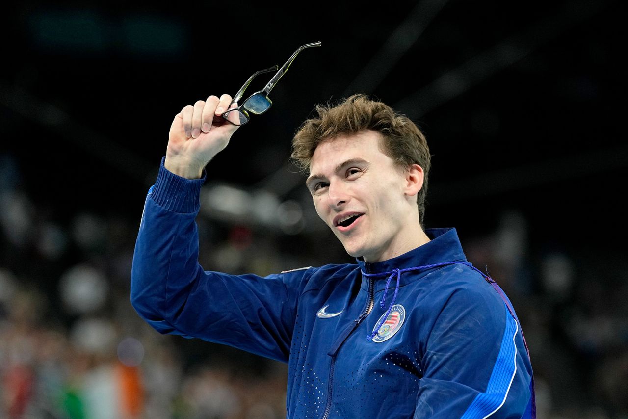 Stephen Nedoroscik celebrates after winning the bronze medal in the pommel horse on Saturday, August 3. 