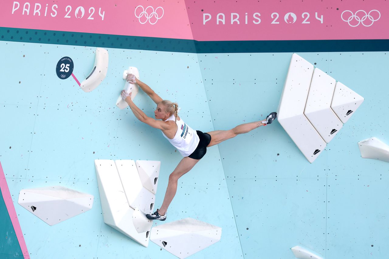 Janja Garnbret of Slovenia competes during the women's boulder & lead semifinal on day eleven of the Olympic Games Paris 2024 at Le Bourget Sport Climbing Venue on August 6.