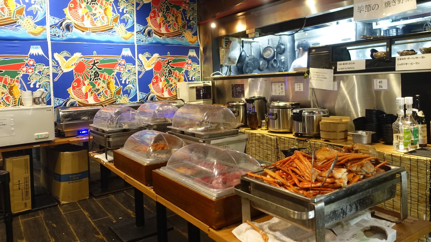 Japanese spider crabs on display at an all-you-can-eat buffet in Shibuya, Tokyo.