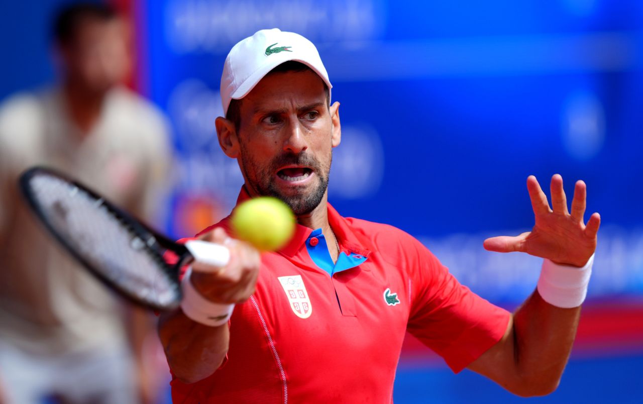 Novak Djokovic of Serbia returns a shot in the men’s singles gold medal match against Carlos Alcaraz on Sunday, August 4. 