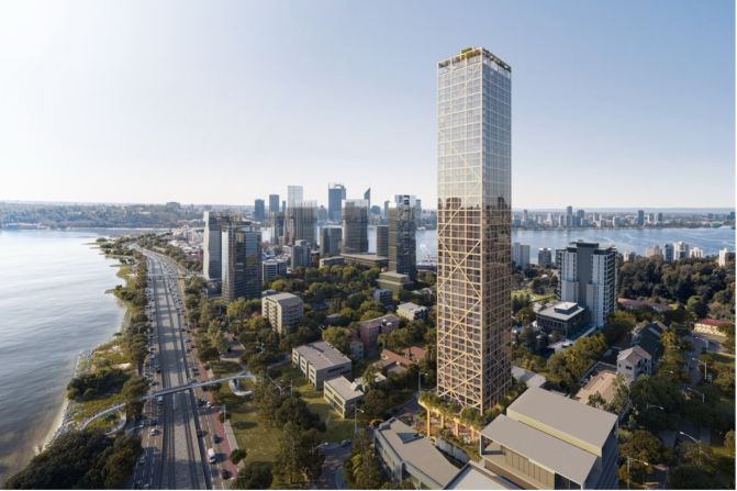 Interest in building with sustainable materials is growing. Officials in Perth, Australia, have approved plans for a 50-story tower that will combine laminated timber beams with a steel exoskeleton to support the structure, as shown in this render. More than 40% of the building will be timber, according to developers.