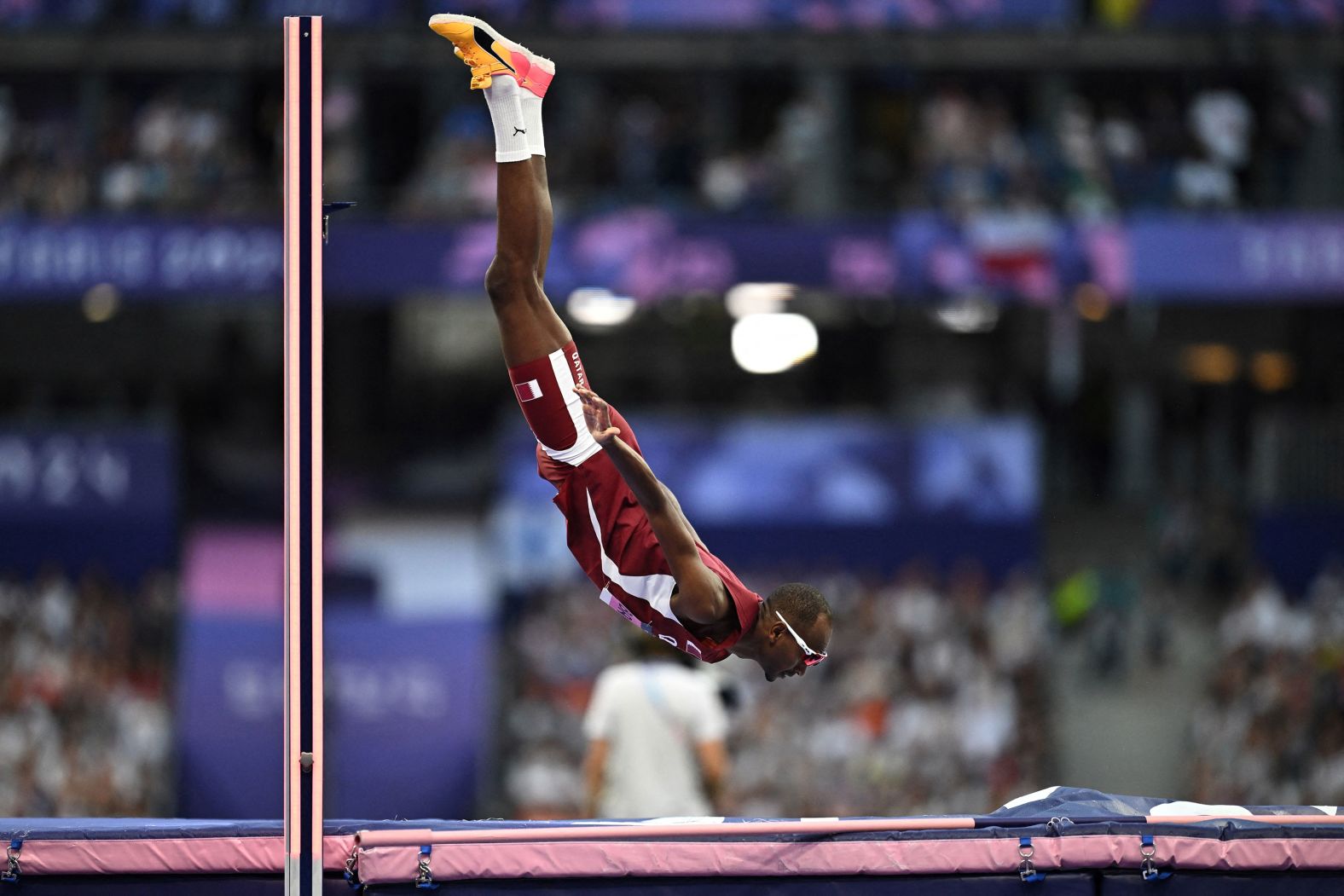 Qatar's Mutaz Essa Barshim competes in the men's high jump final on August 10.