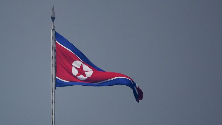 A North Korean flag flies over the propaganda village of Gijungdong in North Korea, on July 19, 2022.