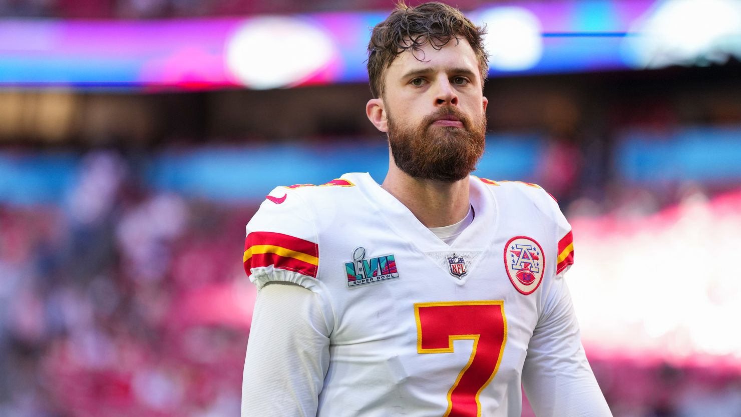 Harrison Butker warms up before the 2023 Super Bowl against the Philadelphia Eagles in Glendale, Arizona.