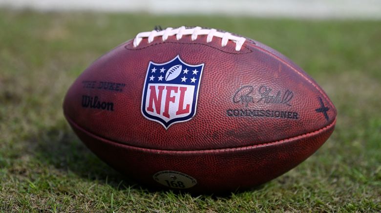 CHICAGO, ILLINOIS - OCTOBER 15: A detailed view of the NFL logo on a football prior to the game between the Minnesota Vikings and the Chicago Bears at Soldier Field on October 15, 2023 in Chicago, Illinois. (Photo by Quinn Harris/Getty Images)