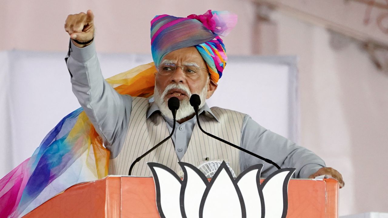 India's Prime Minister Narendra Modi addresses his supporters during an election campaign rally in Pushkar on April 6, 2024, ahead of the country's upcoming general elections. (Photo by HIMANSHU SHARMA / AFP) (Photo by HIMANSHU SHARMA/AFP via Getty Images)