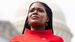 Missouri Rep. Cori Bush attends a news conference outside the US Capitol in Washington, DC, on May 8, 2024.