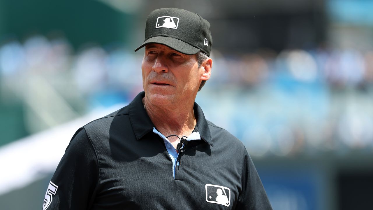 KANSAS CITY, MISSOURI - MAY 08:  Umpire Angel Hernandez #5 looks on prior to the game between the Milwaukee Brewers and the Kansas City Royals at Kauffman Stadium on May 08, 2024 in Kansas City, Missouri. (Photo by Jamie Squire/Getty Images)