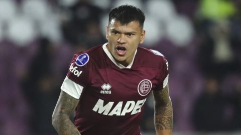 Lanus' forward Walter Bou celebrates after scoring during the Copa Sudamericana group stage second leg football match between Argentina's Lanus and Venezuela's Metropolitanos at the La Fortaleza Stadium in Lanus, Buenos Aires Province, on May 15, 2024. (Photo by MARCOS BRINDICCI / AFP) (Photo by MARCOS BRINDICCI/AFP via Getty Images)