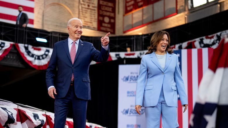 President Joe Biden and Vice President Kamala Harris take the stage at a campaign rally at Girard College on May 29, 2024 in Philadelphia.