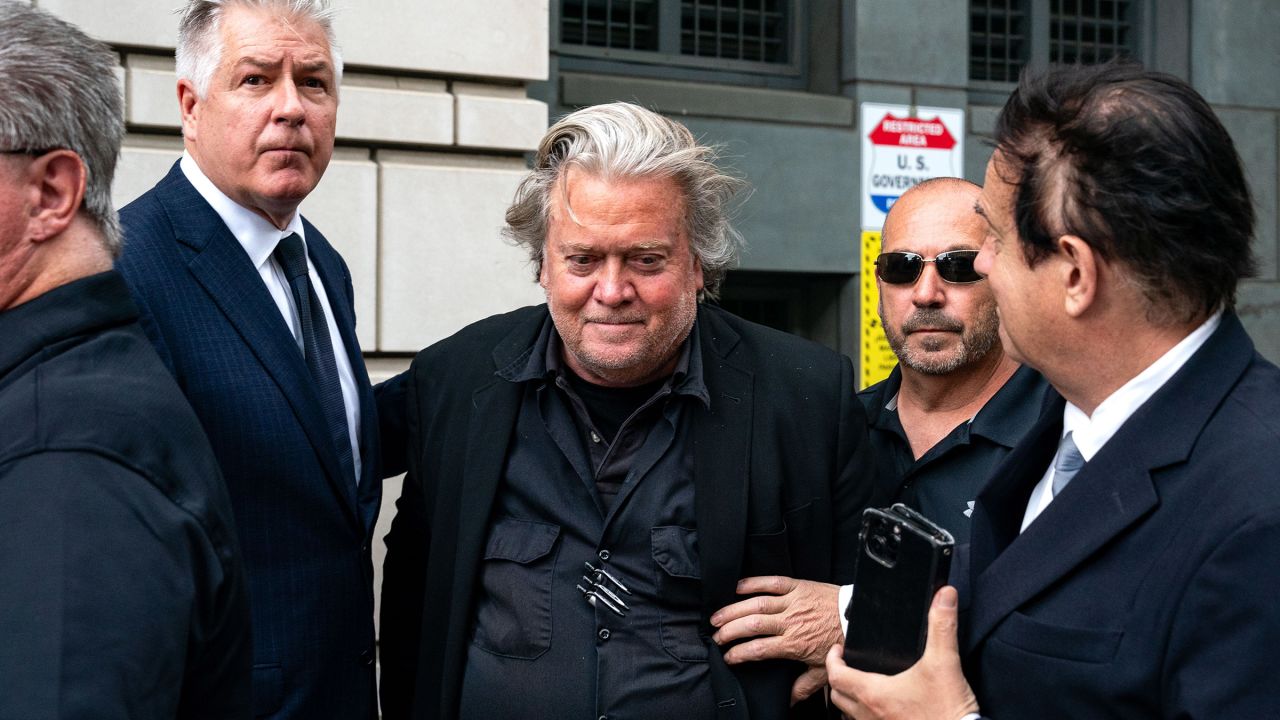 Steve Bannon, former advisor to President Donald Trump, departs a hearing related to two counts of contempt of Congress for failing to comply with a congressional subpoena, on June 6, 2024 in Washington, DC.