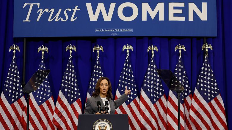 COLLEGE PARK, MARYLAND - JUNE 24: U.S. Vice President Kamala Harris delivers remarks on reproductive rights at Ritchie Coliseum on the campus of the University of Maryland on June 24, 2024 in College Park, Maryland. Harris is speaking on the two year anniversary of the Dobbs decision, the Supreme Court ruling that overturned Roe v. Wade and struck down federal abortion protections. (Photo by Kevin Dietsch/Getty Images)