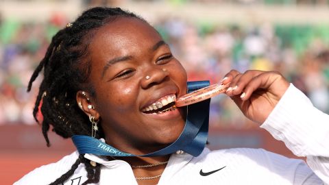 EUGENE, OREGON - JUNE 27: Veronica Fraley poses with the bronze medal after placing third in the women's discus throw final on Day Seven of the 2024 U.S. Olympic Team Track & Field Trials at Hayward Field on June 27, 2024 in Eugene, Oregon. (Photo by Christian Petersen/Getty Images)