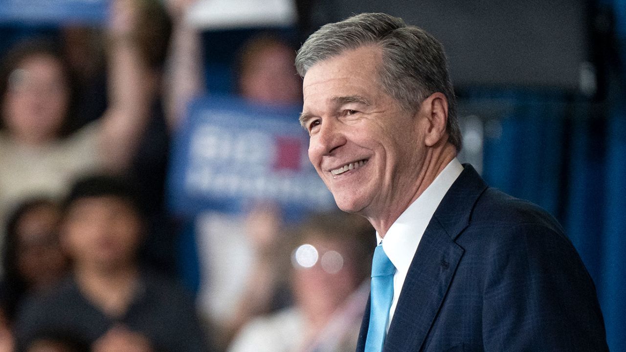 North Carolina Governor Roy Cooper speaks at a Biden Harris campaign event at James B. Dudley High School on July 11, in Greensboro, North Carolina.