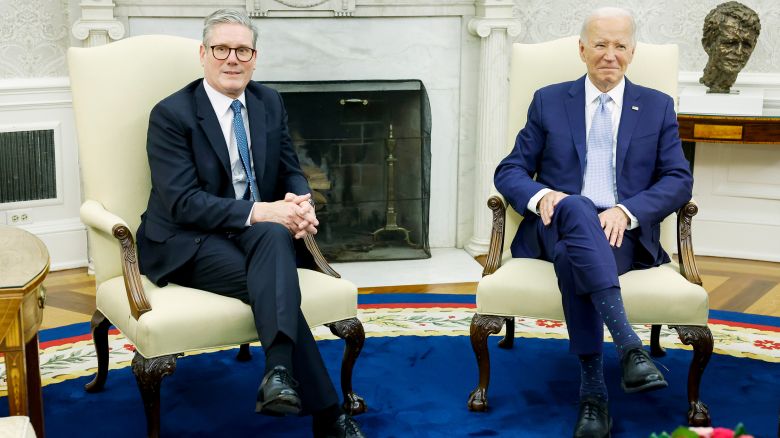 US President Joe Biden and British Prime Minister Keir Starmer speak to reporters before participating in a bilateral meeting in the Oval Office of the White House on July 10.