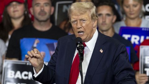 Former US President and 2024 Republican presidential candidate Donald Trump gestures as he speaks during a campaign rally at the Bojangles Coliseum in Charlotte, North Carolina, on July 24, 2024. (Photo by Logan Cyrus / AFP) (Photo by LOGAN CYRUS/AFP via Getty Images)