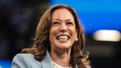 US Vice President and 2024 Democratic presidential candidate Kamala Harris smiles as she takes the podium to speak at a campaign rally in Atlanta, Georgia, on July 30, 2024.