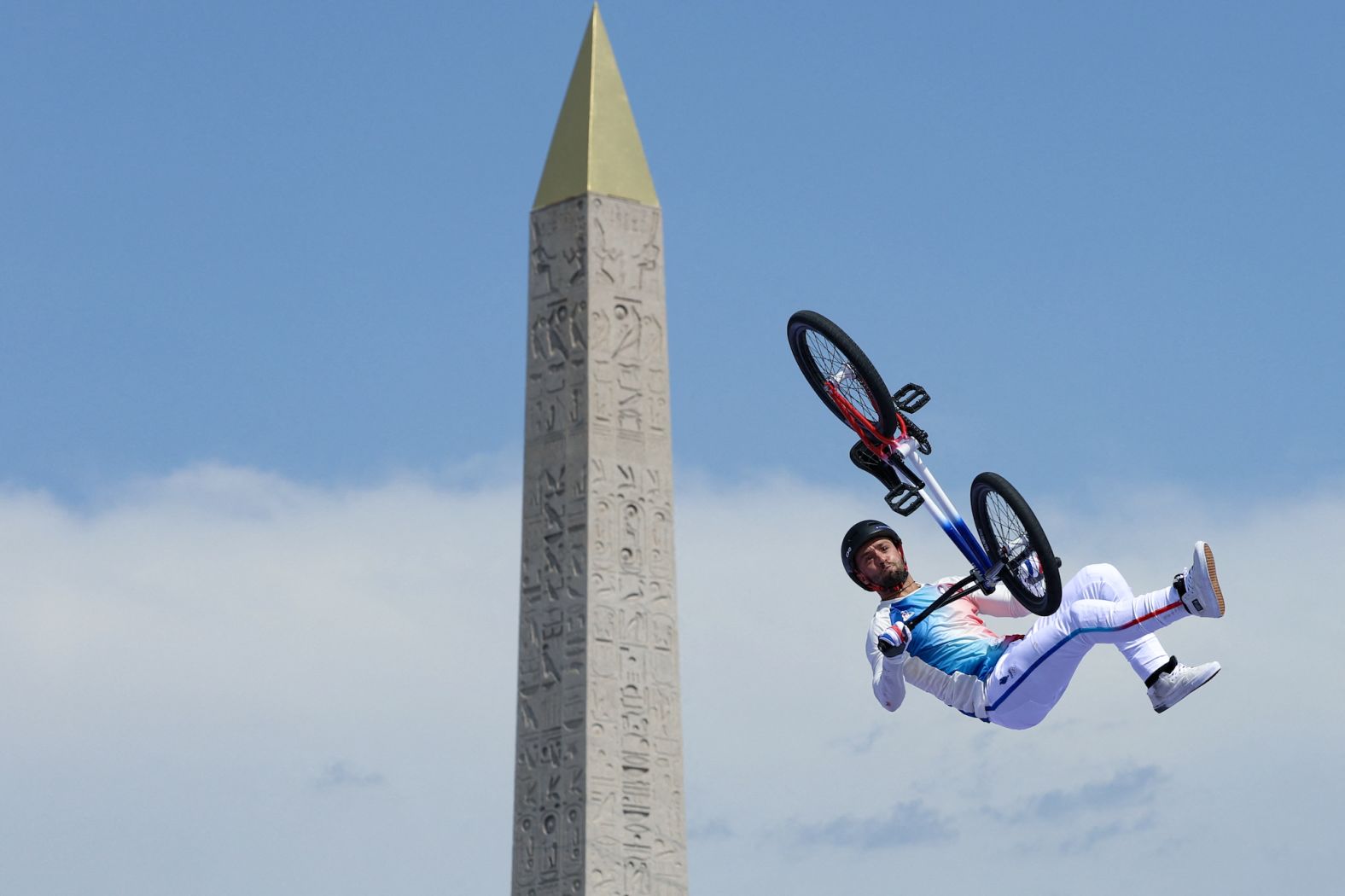 French cyclist Anthony Jeanjean competes in front of the Luxor Obelisk in Paris during the BMX freestyle final on July 31. He won the bronze.