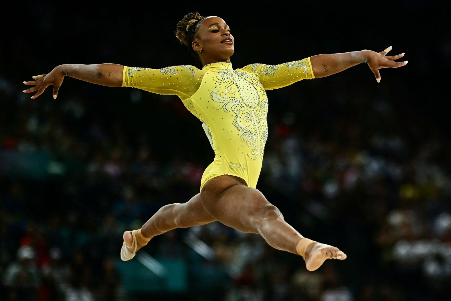 Brazilian gymnast Rebeca Andrade competes in the floor exercise during the individual all-around on August 1. <a href="https://www.cnn.com/sport/live-news/paris-olympics-news-2024-08-01-24#h_e051f40c32497a89e6913a7ab3537e81"