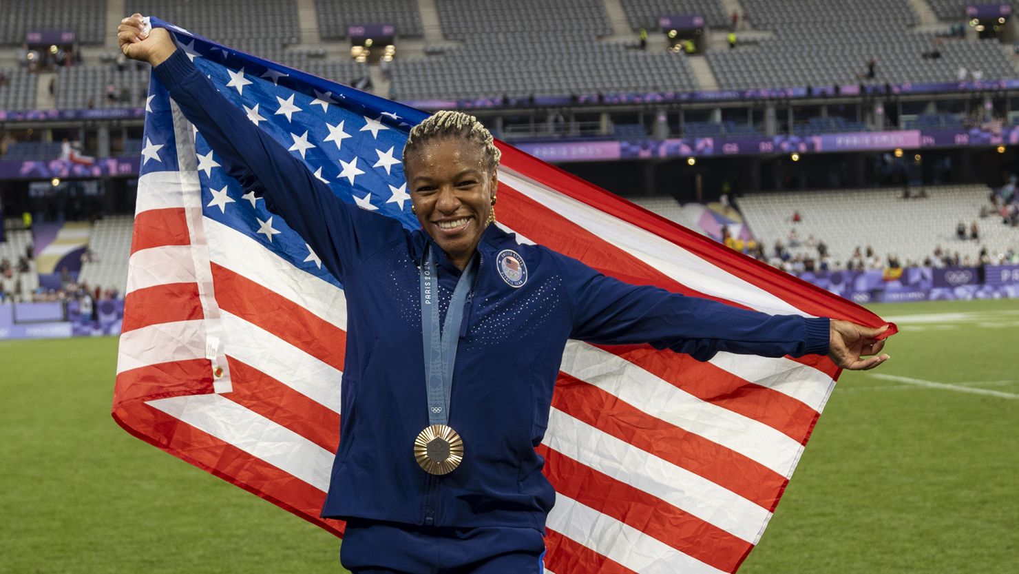 Ariana Ramsey celebrates after winning the rugby seven's bronze in Paris.