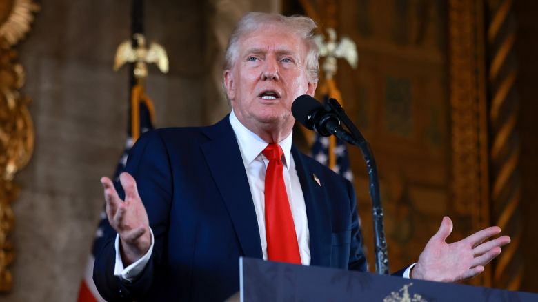 Republican presidential candidate former President Donald Trump speaks during a press conference at his Mar-a-Lago estate.