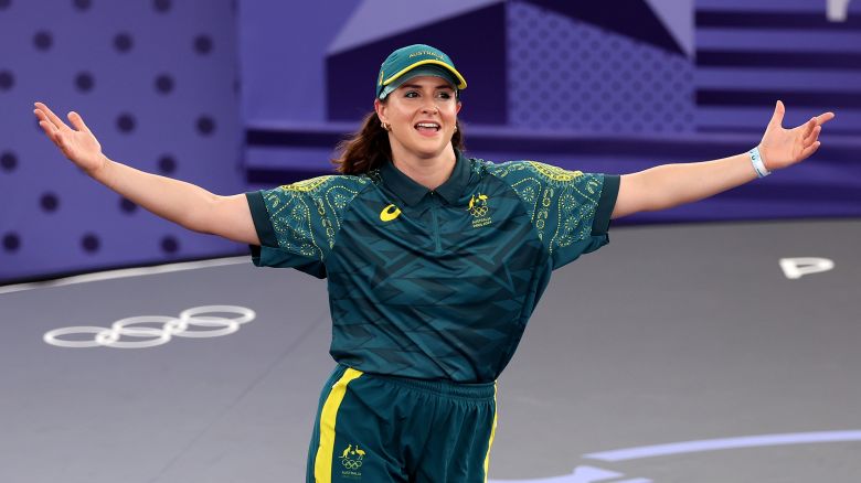 PARIS, FRANCE - AUGUST 09: B-Girl Raygun of Team Australia reacts during the B-Girls Round Robin - Group B on day fourteen of the Olympic Games Paris 2024 at Place de la Concorde on August 09, 2024 in Paris, France. (Photo by Ezra Shaw/Getty Images)