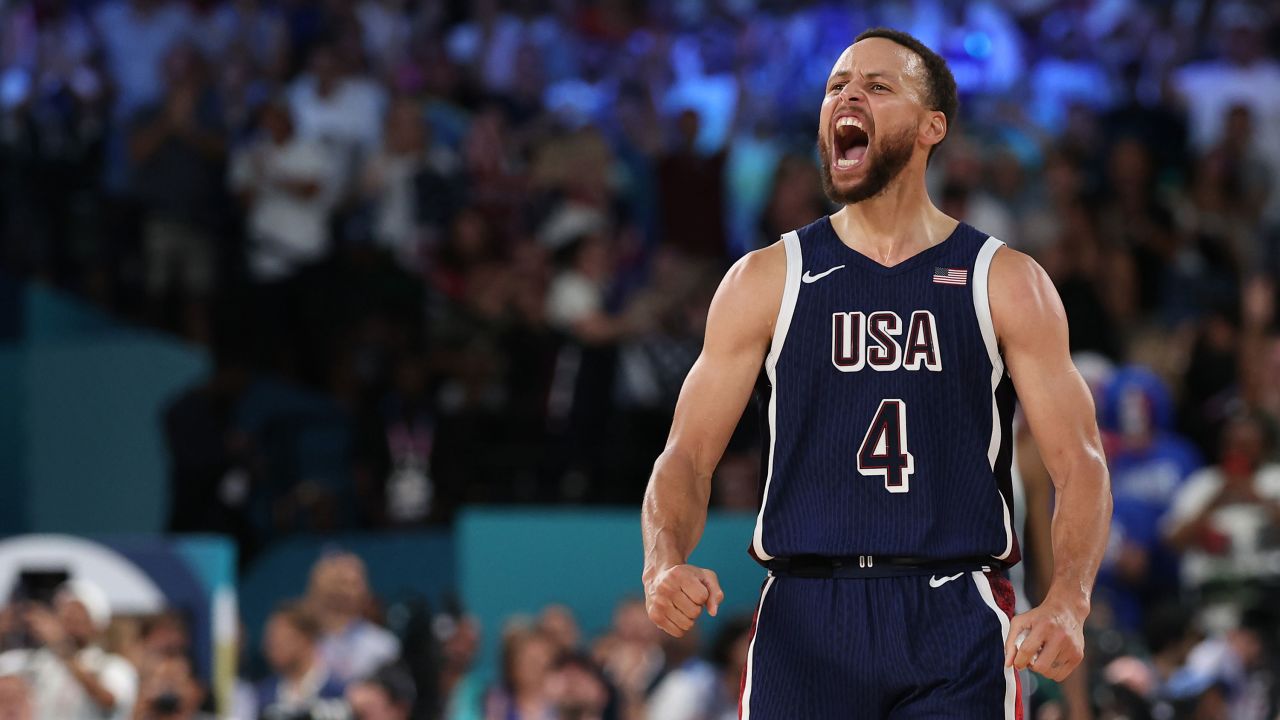 PARIS, FRANCE - AUGUST 10: Stephen Curry #4 of Team United States reacts after a three point basket during the Men's Gold Medal game between Team France and Team United States on day fifteen of the Olympic Games Paris 2024 at Bercy Arena on August 10, 2024 in Paris, France. (Photo by Ezra Shaw/Getty Images)