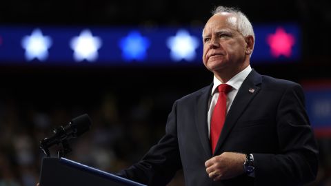 Minnesota Gov. Tim Walz speaks during a campaign rally at the University of Las Vegas Thomas & Mack Center on August 10 in Las Vegas, Nevada.