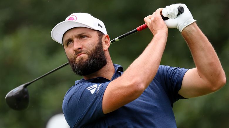 WHITE SULPHUR SPRINGS, WEST VIRGINIA - AUGUST 16: Jon Rahm of Spain hits his tee at the second hole during day one of LIV Golf: Greenbrier at The Old White Course on August 16, 2024 in White Sulphur Springs, West Virginia. (Photo by Isaiah Vazquez/Getty Images)