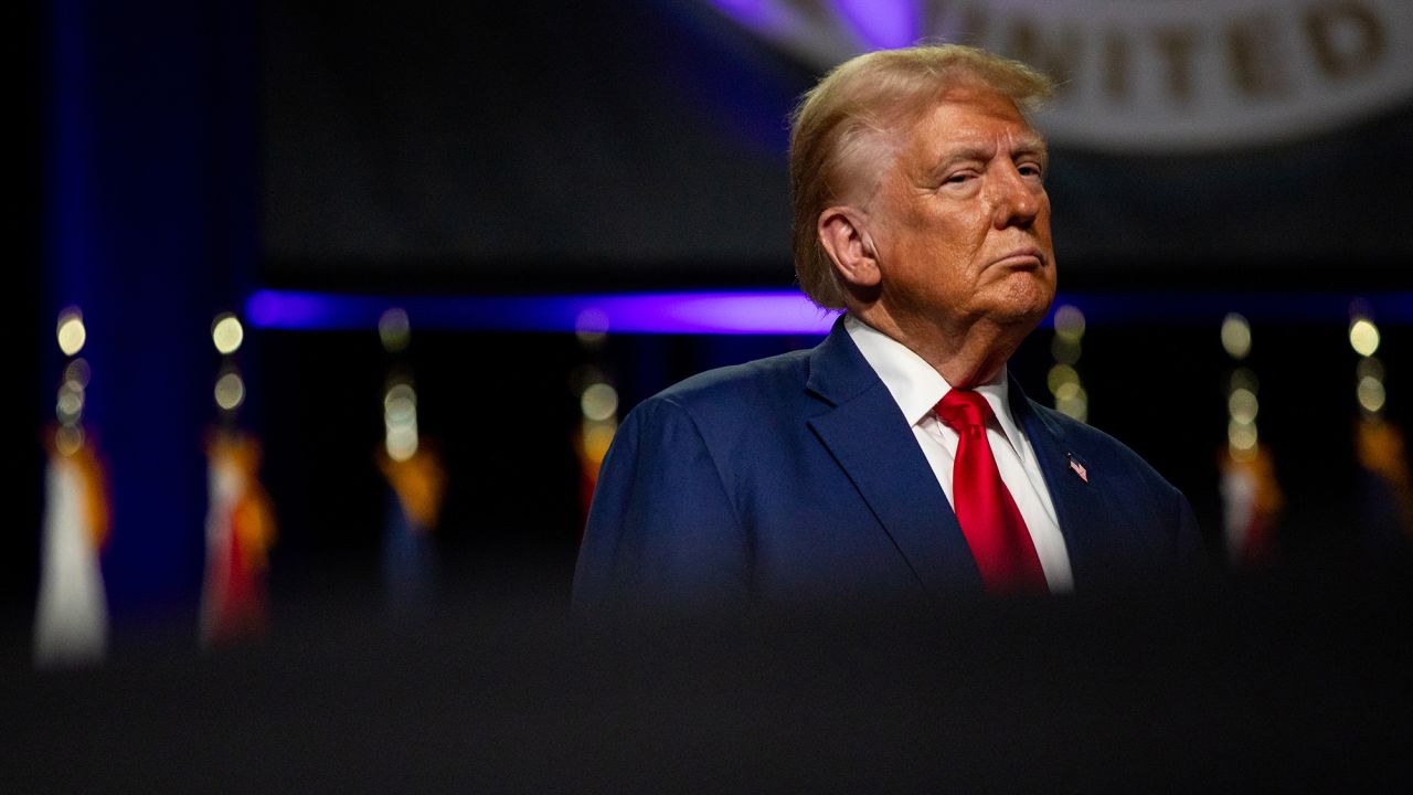 Republican presidential nominee, former U.S. President Donald Trump during the National Guard Association of the United States' 146th General Conference & Exhibition at Huntington Place Convention Center on August 26, 2024 in Detroit, Michigan.