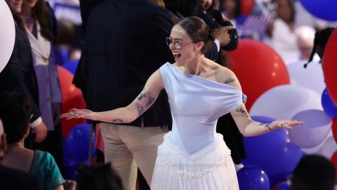 Ella Emhoff, stepdaughter of U.S. Vice President Kamala Harris, celebrates during the final day of the Democratic National Convention at the United Center on August 22, 2024 in Chicago, Illinois.