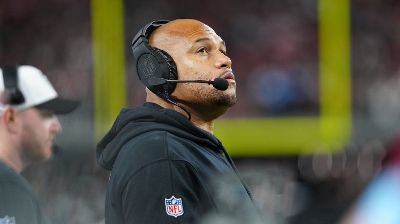 Head coach Antonio Pierce of the Las Vegas Raiders looks on during the first half of a preseason game against the San Francisco 49ers at Allegiant Stadium in Las Vegas, Nevada on August 23, 2024.