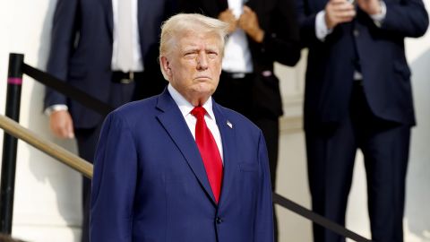 Republican presidential nominee, former U.S. President Donald Trump looks on during a wreath laying ceremony at the Tomb of the Unknown Soldier at Arlington National Cemetery on August 26, 2024 in Arlington, Virginia. Monday marks three years since the August 26, 2021, suicide bombing at Hamid Karzai International Airport, which killed 13 American service members.