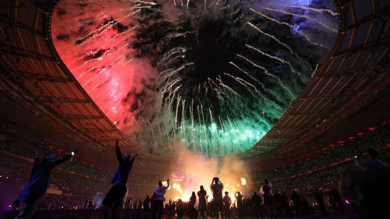 TOPSHOT - This photograph shows fireworks fired on the roof of the Stade de France at the end of the Paris 2024 Paralympic Games Closing Ceremony, in Saint-Denis, in the outskirts of Paris, on September 8, 2024. (Photo by Thibaud MORITZ / AFP) (Photo by THIBAUD MORITZ/AFP via Getty Images)