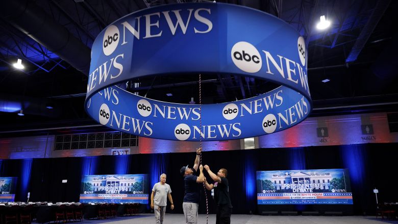 ABC News signage is installed in the media file center inside the Pennsylvania Convention Center ahead of the Sep. 10 presidential debate in Philadelphia.