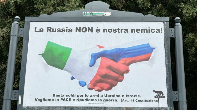 Pro-Russia billboards have been erected in cities across Italy. by the group Sovritana Popolare