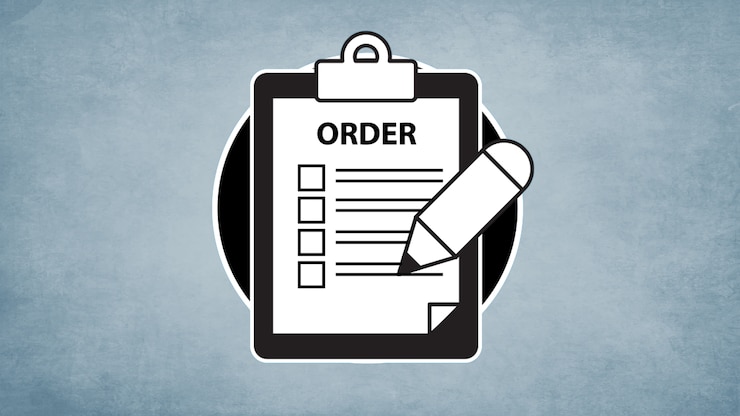 A simplified illustration of a clipboard with a checklist labeled "order" accompanied by a pencil