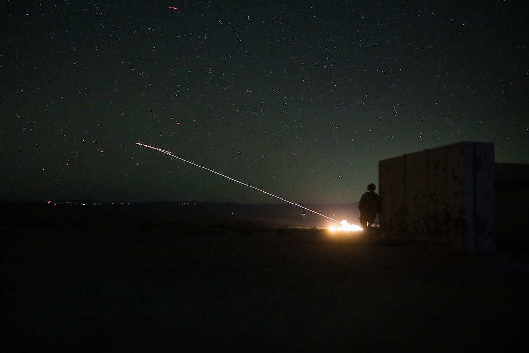 A U.S. Marine Corps AH-1Z Viper helicopter assigned to Marine Aviation Weapons and Tactics Squadron One (MAWTS-1), fires missiles during Assault Support Tactics 4 as part of Weapons and Tactics Instructor course 1-25, at Marine Corps Air-Ground Combat Center, California, Oct. 22, 2024. WTI is a seven-week training event hosted by MAWTS-1, which emphasizes operational integration of the six functions of Marine aviation in support of the Marine Air Ground Task Force, Joint ,and Coalition Forces.