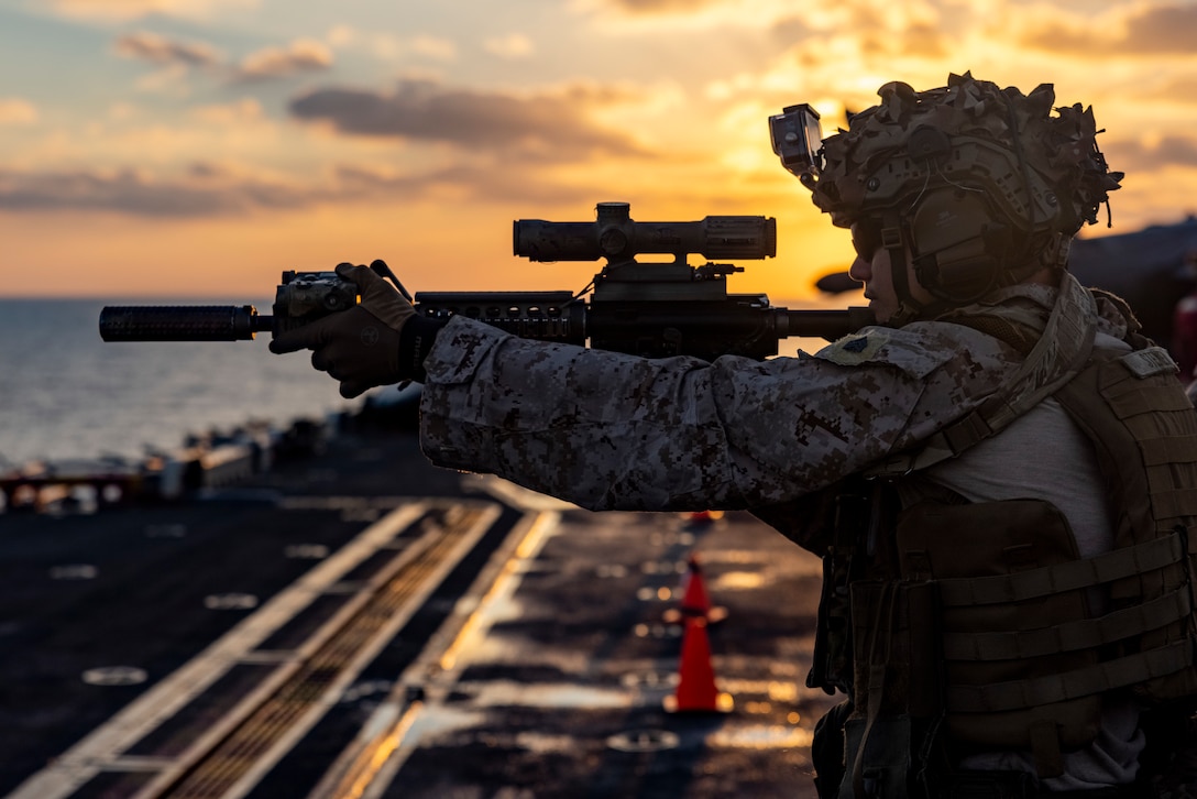 Marine Corps Sgt. Lance Steiner, a rifleman with 24th Marine Expeditionary Unit (MEU) Special Operations Capable (SOC), participates in a deck shoot aboard the amphibious assault ship USS Wasp (LHD 1) while underway in the Mediterranean Sea, Sept. 30, 2024. The Wasp Amphibious Ready Group and embarked 24th MEU (SOC) is supporting U.S., Allied and partner interests in the Eastern Mediterranean Sea to promote regional stability and deterring aggression.