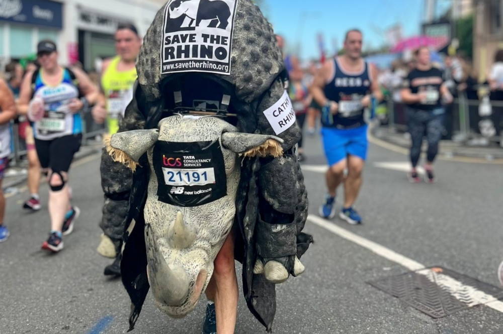 A woman in a rhino costume in a running event.