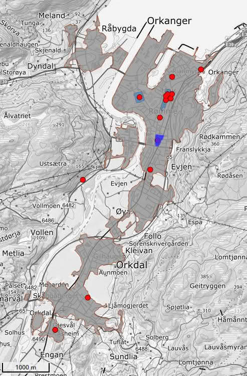 Tettstedet Orkanger; utstrekning 2019