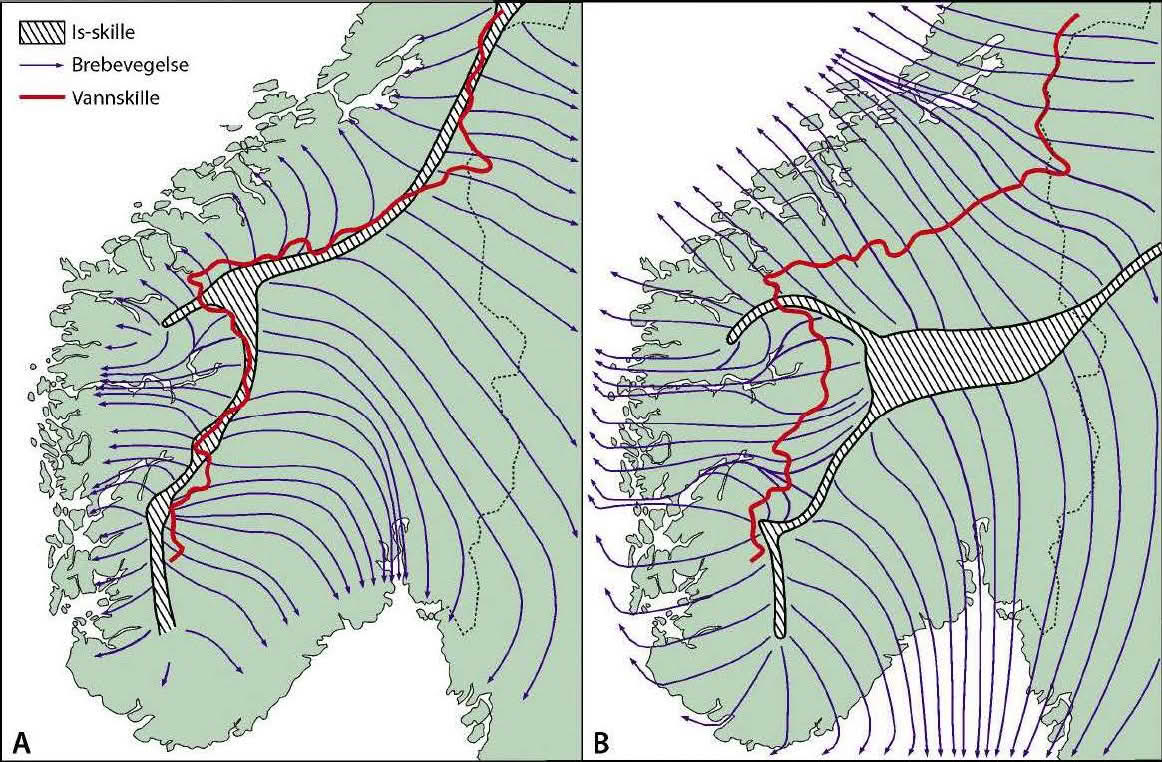 To kart med utsnitt av Norge fra Trøndelag og sørover. Kartene har markeringer for isskillet, vannskillet og breens bevegelser under siste istid i Norge