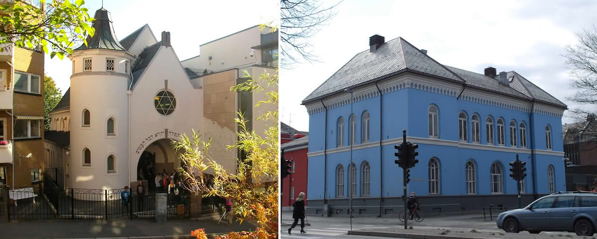 Bildet består av to bilder. Bildet til venstre er av synagogen i Oslo. Det er en hvit steinbygning med davidstjerne over inngangen og en halvsirkel med hebraisk skrift. Bildet til høyrer er synagogen i Trondheim. Det er en blå bygning uten noen tegn på at det er en synagoge.