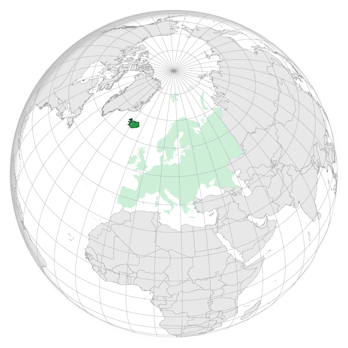 Island (mørkegrønt) ligger i Europa (lysegrønt)