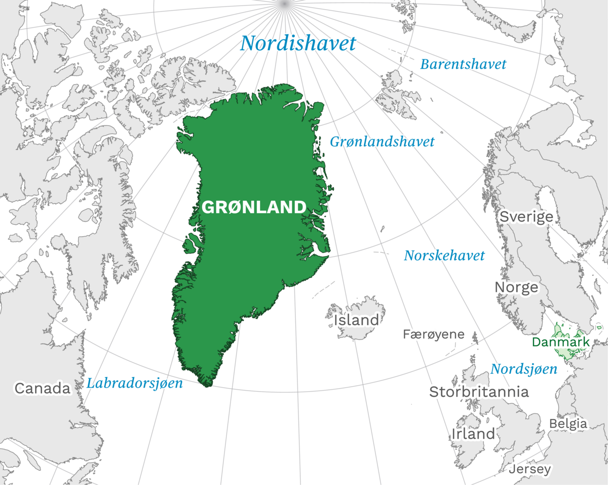 Plassering av Grønland med naboland rundt, kart