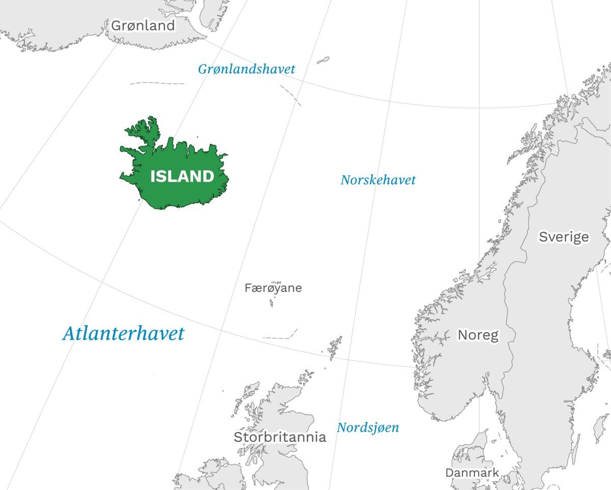 Plassering av Island med naboland rundt, kart