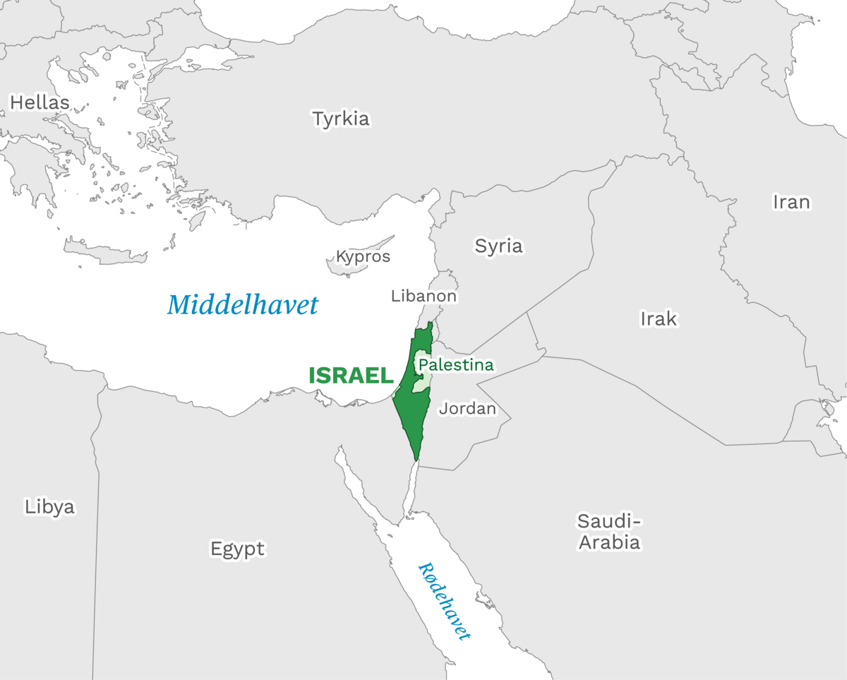 Plassering av Israel med naboland rundt, kart.