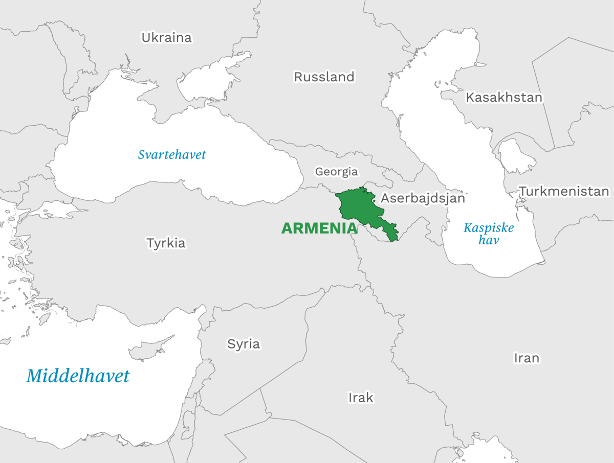 Plassering av Armenia med naboland rundt, kart